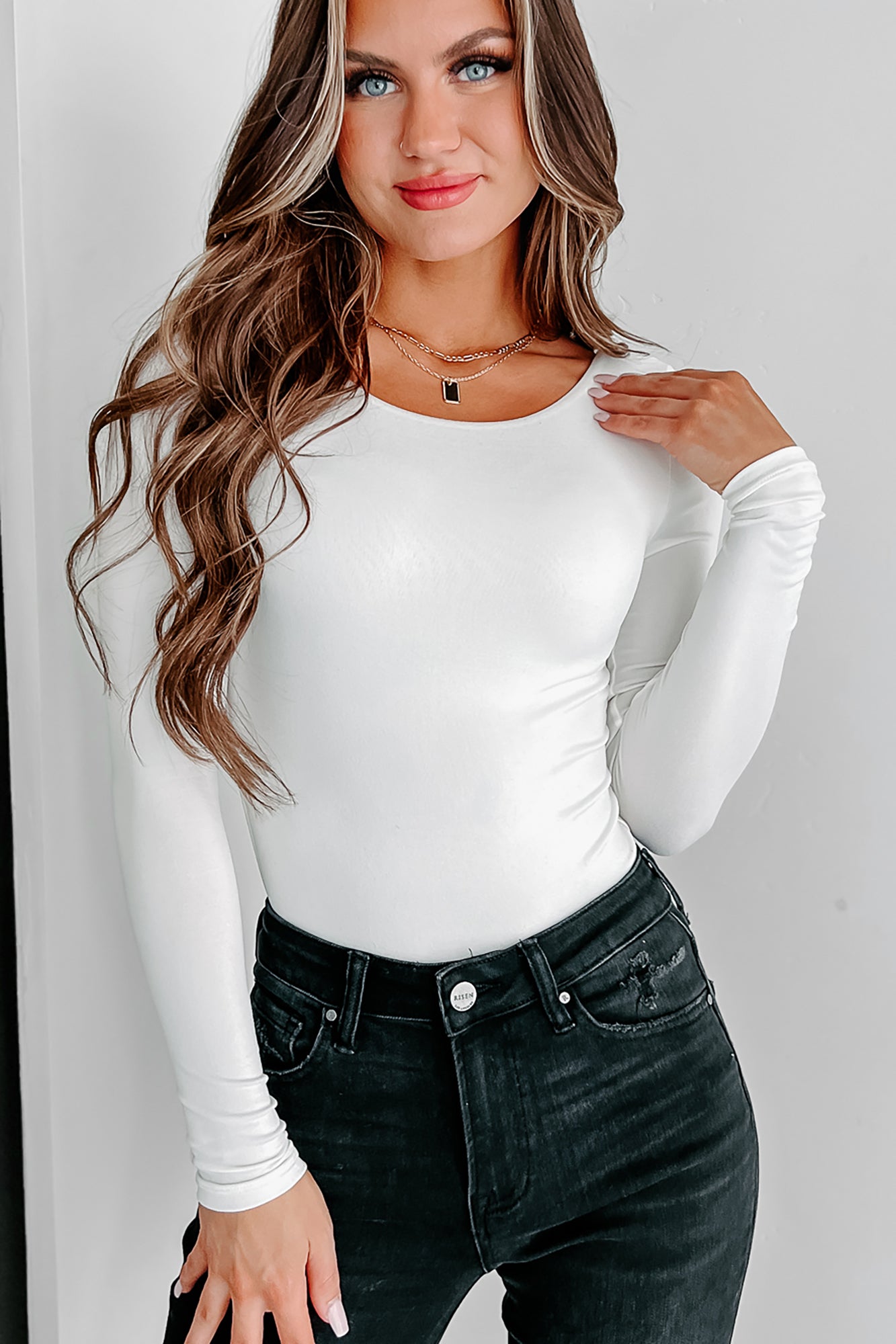 Colleen Original Scoop Back Long Sleeve Bodysuit (White)